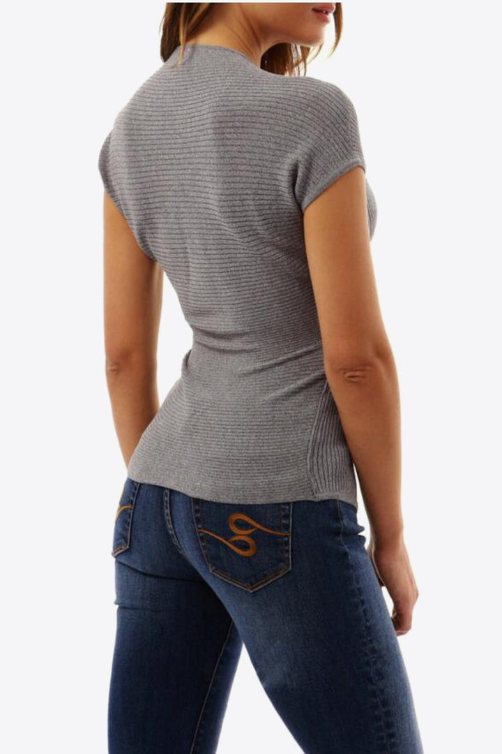 Ribbed surplice-neck top with side slit and cap sleeves