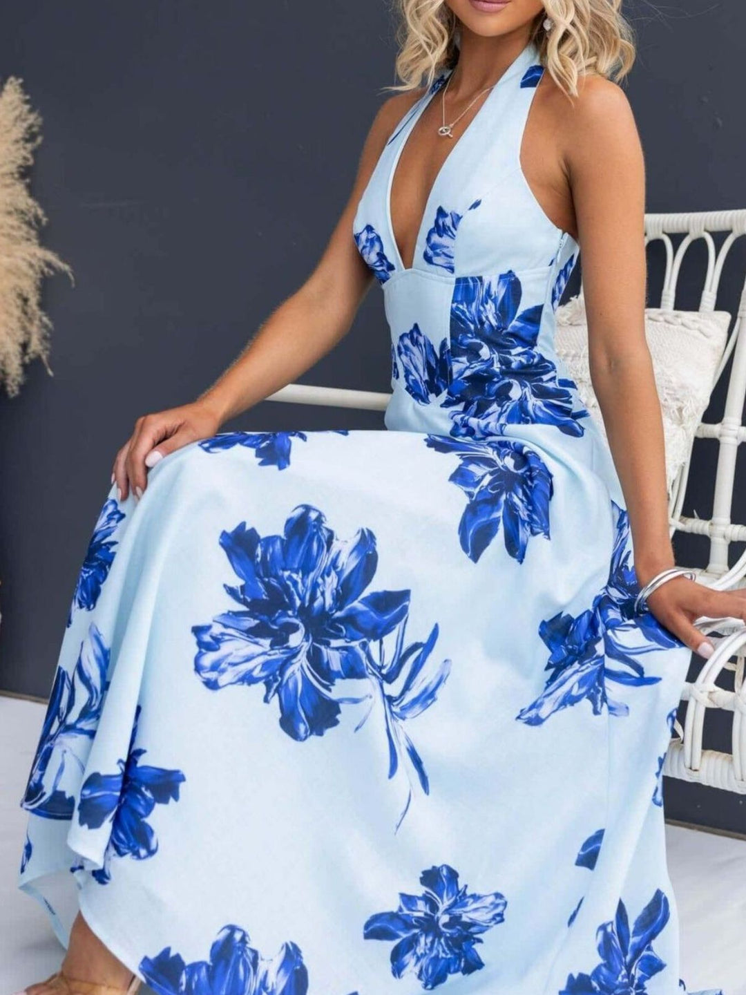 Floral print halter maxi dress with lace-up back