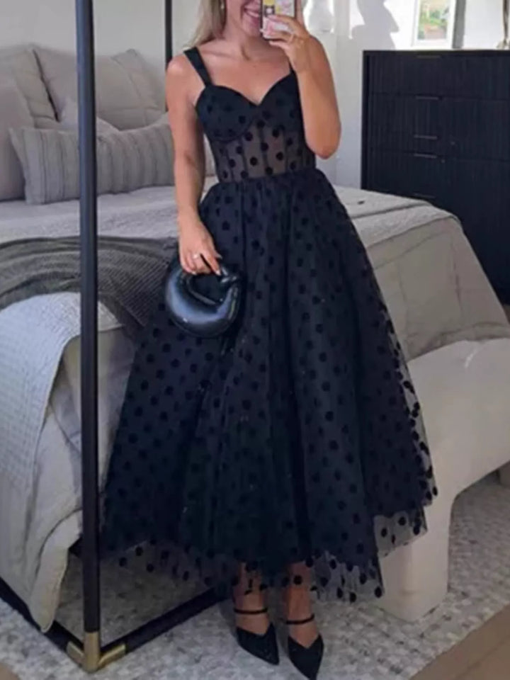 Polka dot tulle midi dress with sweetheart neckline