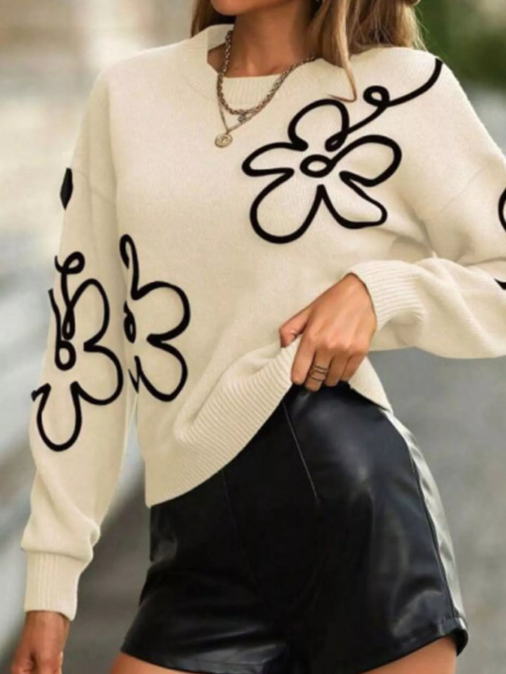 Apricot Line-drawn floral drop shoulder knit pullover sweater