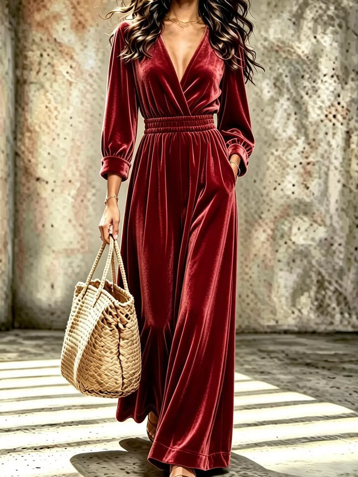 Red Velvet surplice wide leg jumpsuit with smocked waist