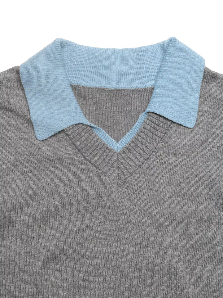 Contrast collar dropped shoulder V-neck sweater