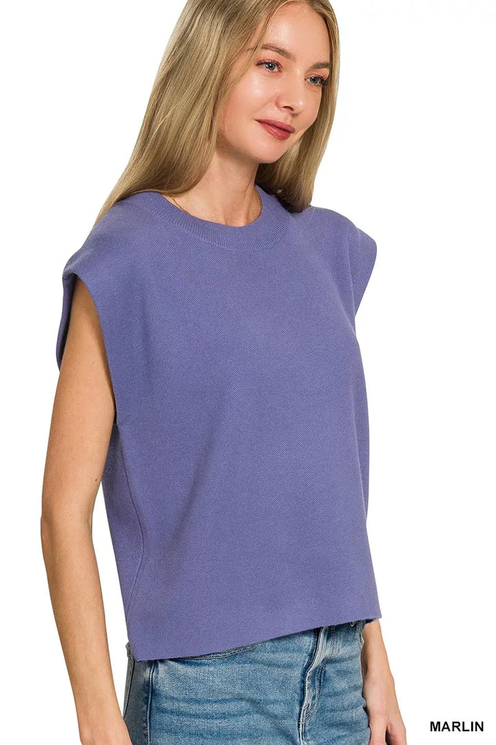 Boxy crew neck sleeveless sweater vest with cap shoulders