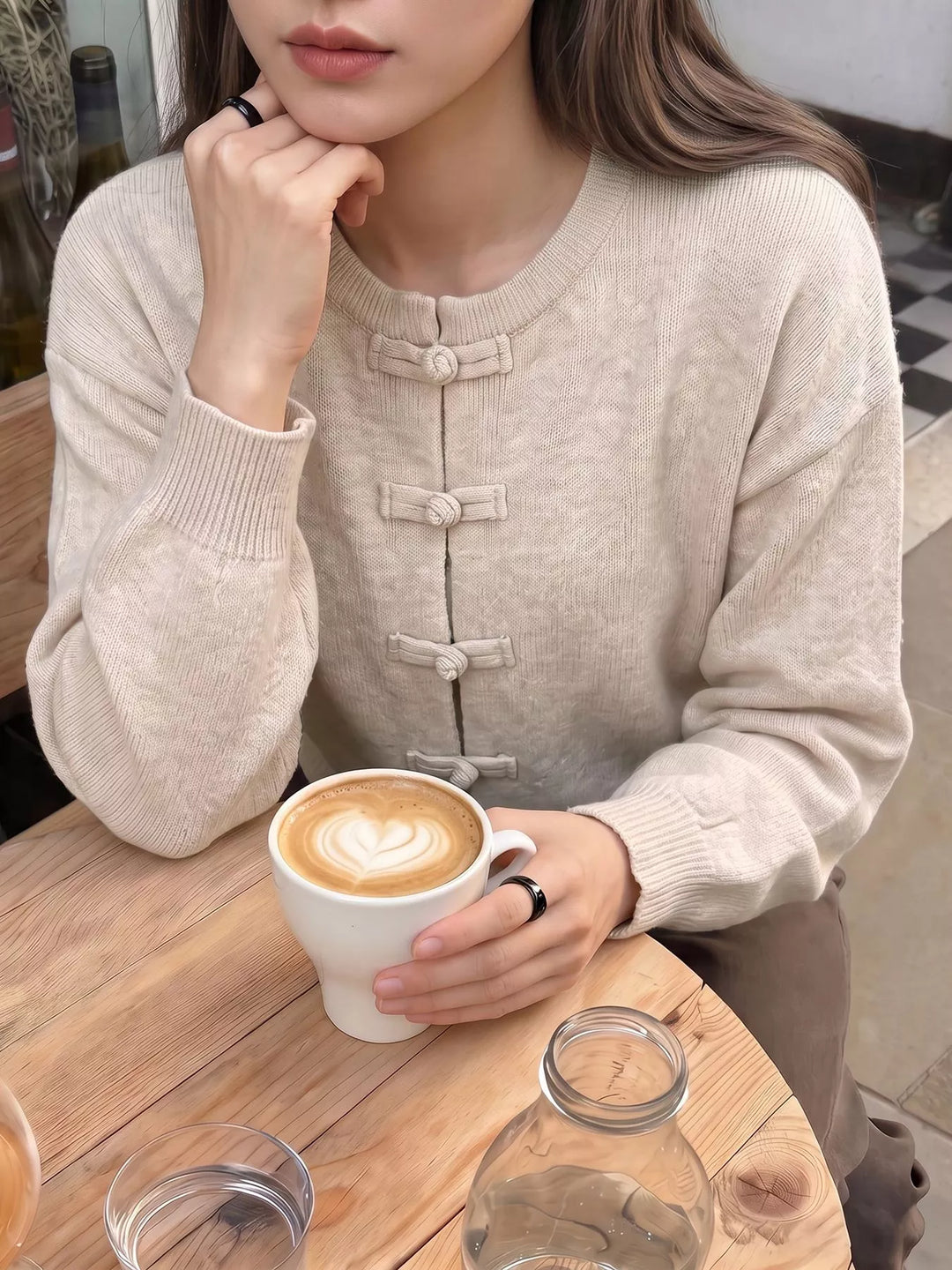 Knot button dropped shoulder knit cardigan