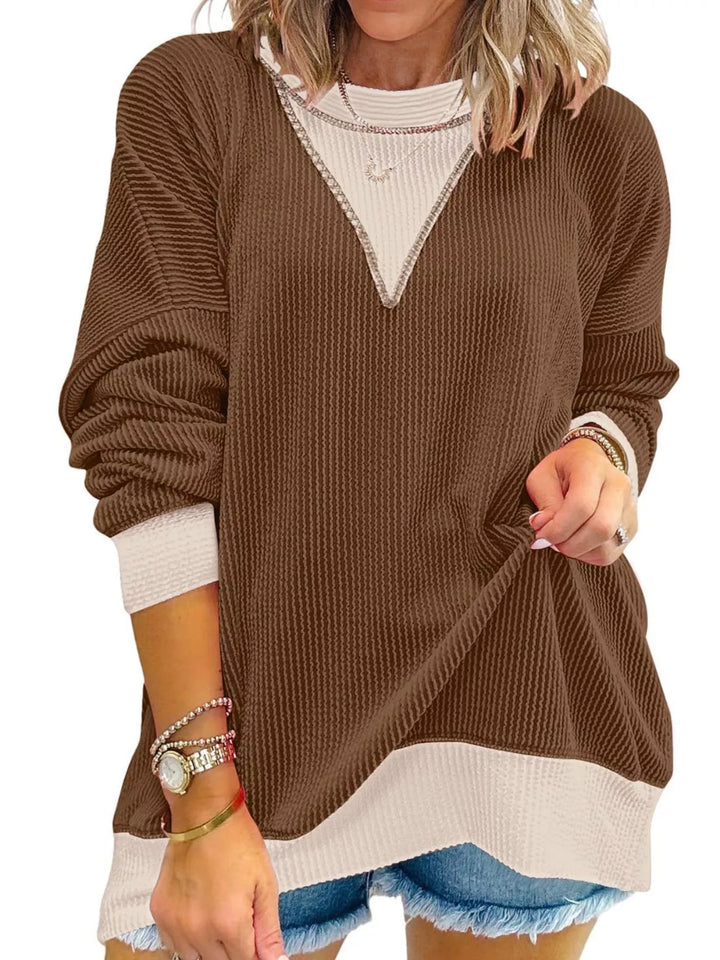 Contrast-trim ribbed dropped-shoulder sweatshirt