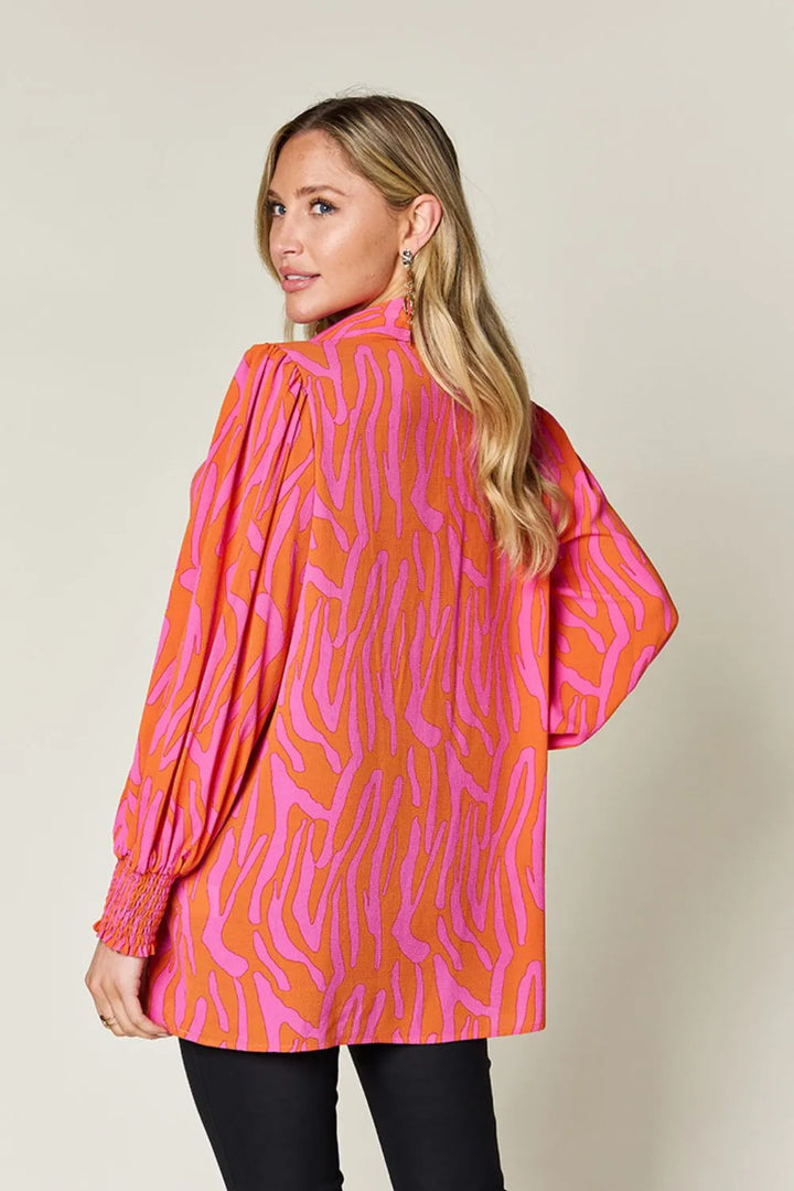 Zebra print smocked-cuff long sleeve blouse