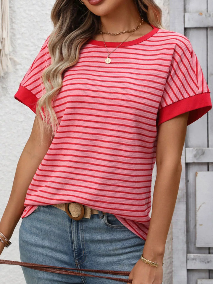 Striped short sleeve knit tee with contrast trim