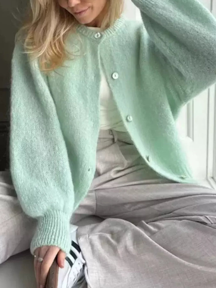 Light Green Button-front brushed knit cardigan with ribbed trim