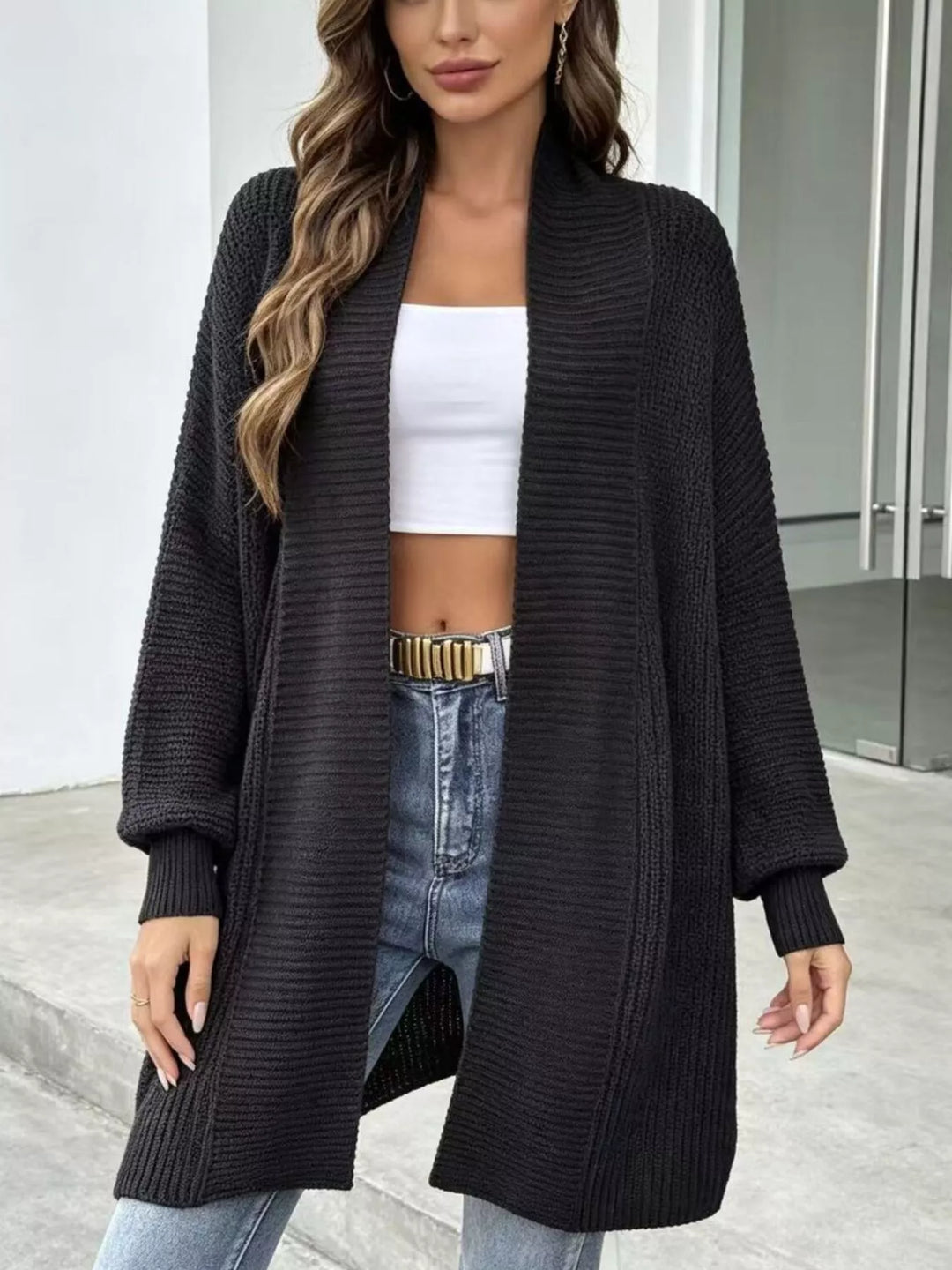 Black Ribbed knit open front longline cardigan with drop shoulder