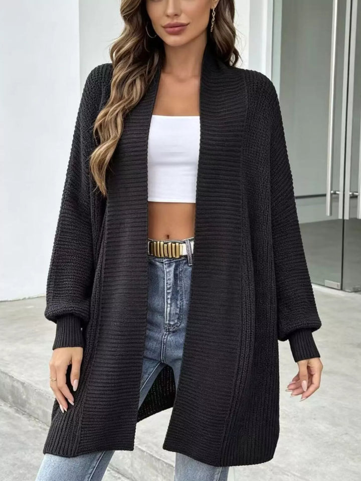 Black Ribbed knit open front longline cardigan with drop shoulder