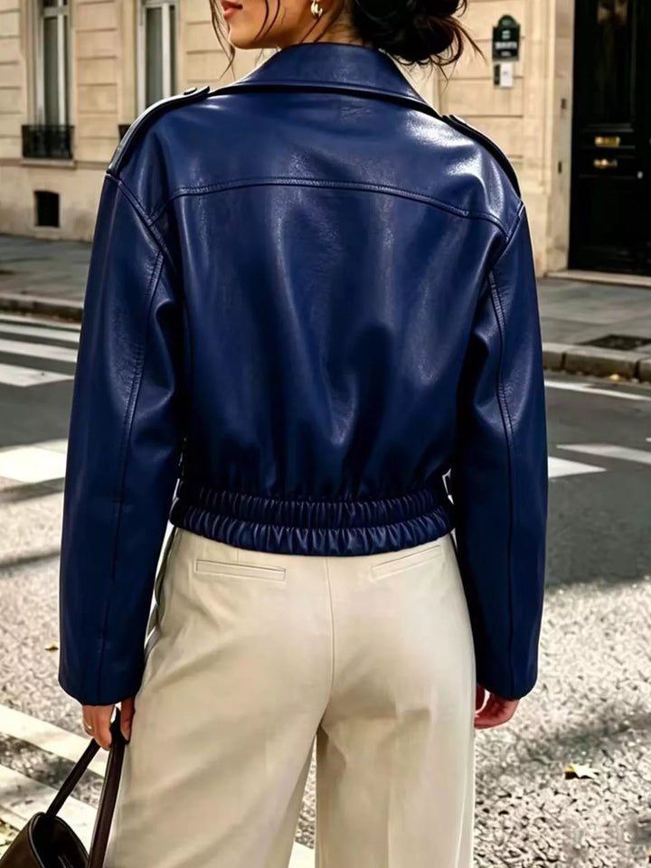 Cropped faux leather moto jacket with asymmetric zip