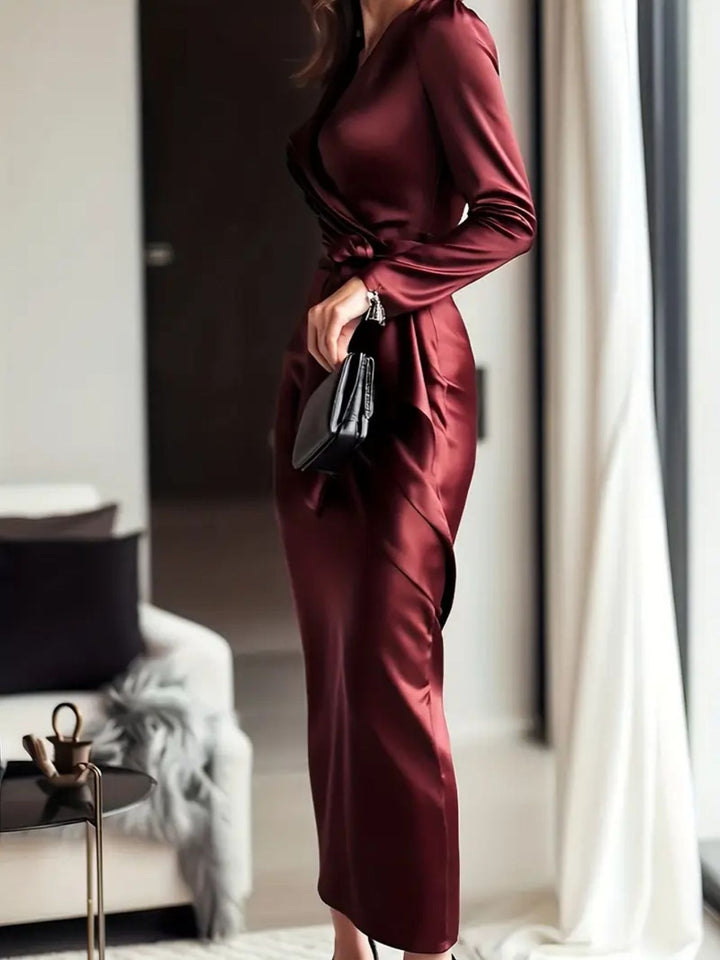 Ruched satin maxi dress with tie waist and long sleeves