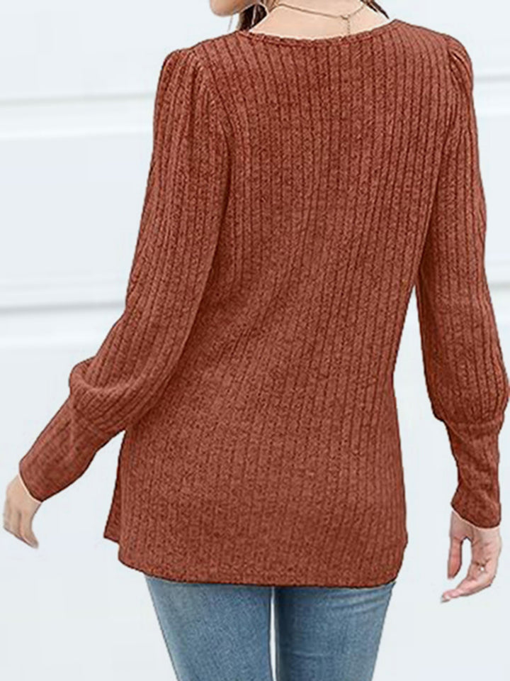 Ribbed knit square neck top with decorative buttons