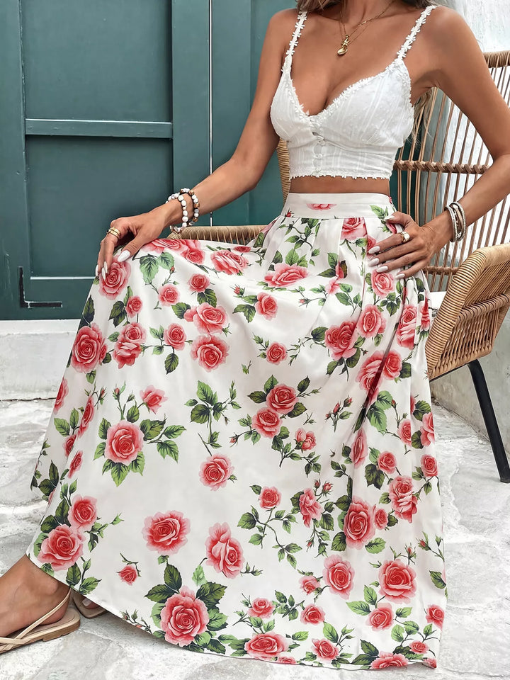 Rose floral print high-waist flowy maxi skirt
