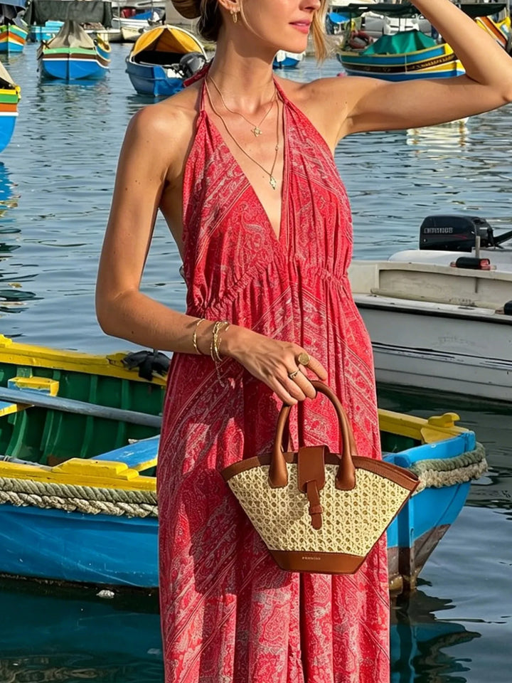 Paisley tiered halter maxi dress with open back
