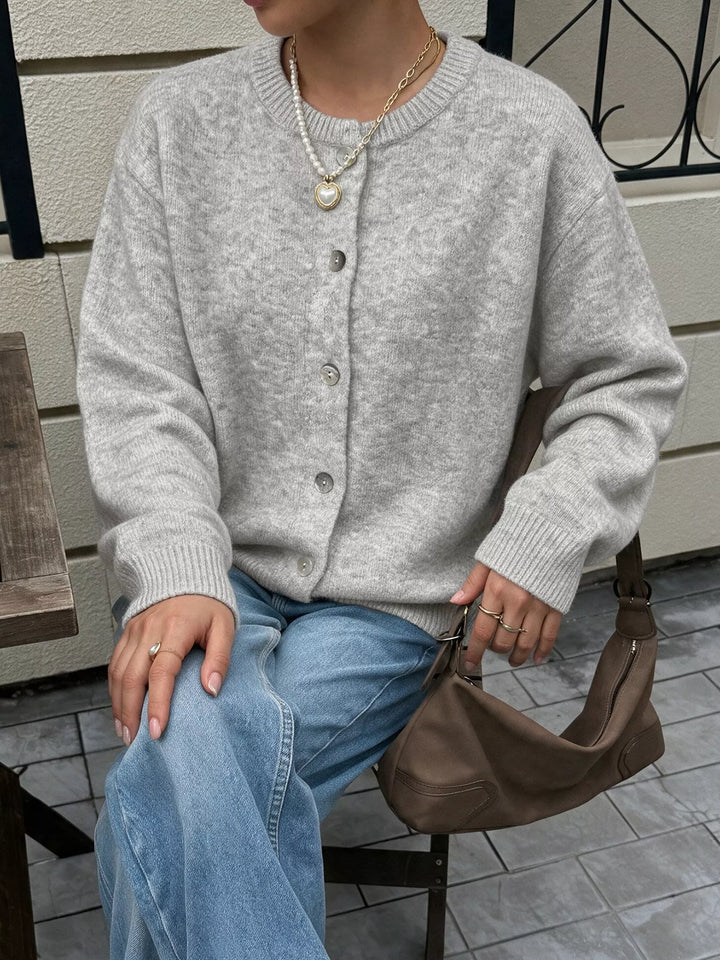 Brushed knit button-down cardigan with ribbed crew neck