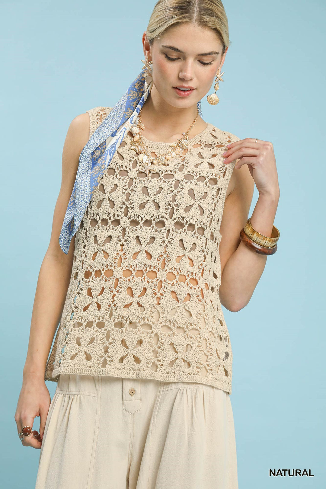 NATURAL Crochet floral motif sleeveless crew neck tank top