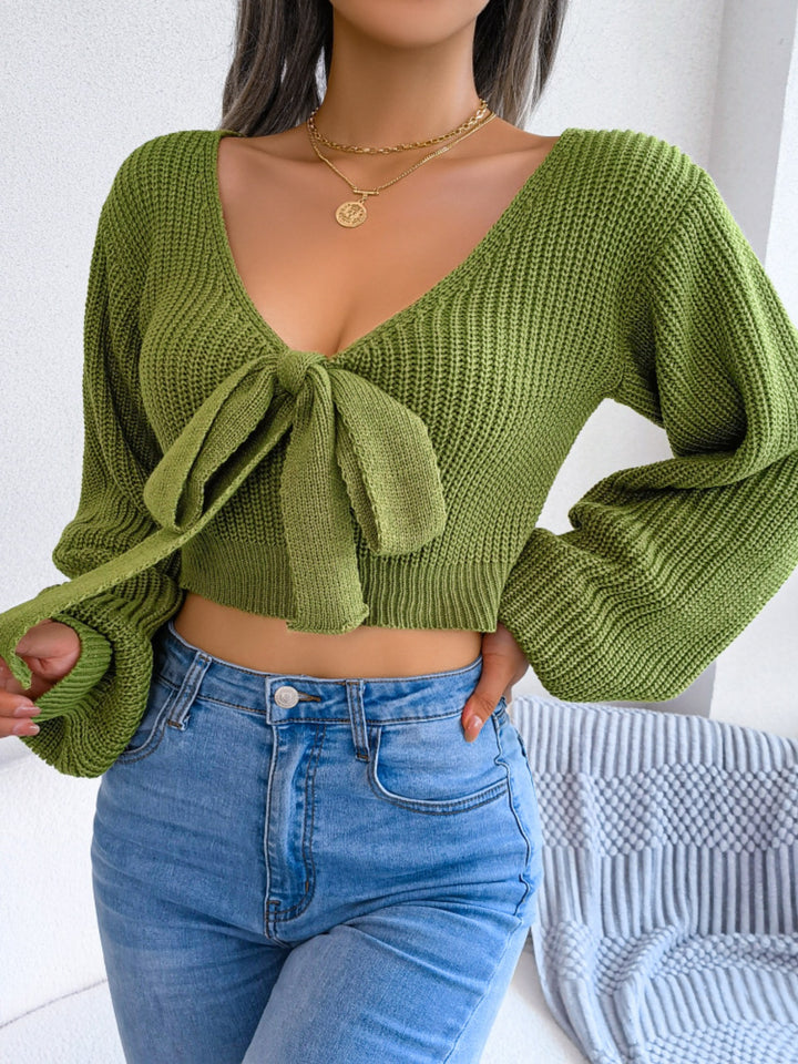 Matcha Green Tie-front ribbed knit cropped sweater with deep V-neck
