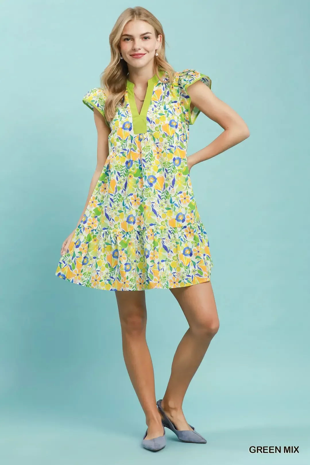 Floral tiered mini dress with flutter sleeves