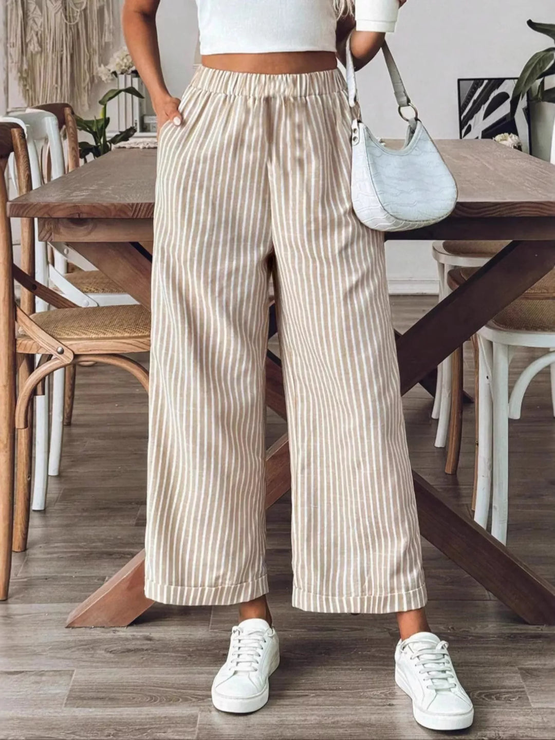 Tan High-waisted pinstripe wide-leg pants with pockets