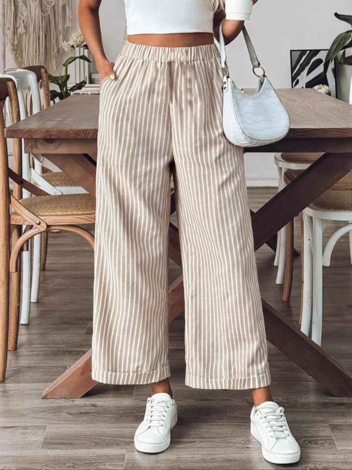 Tan High-waisted pinstripe wide-leg pants with pockets