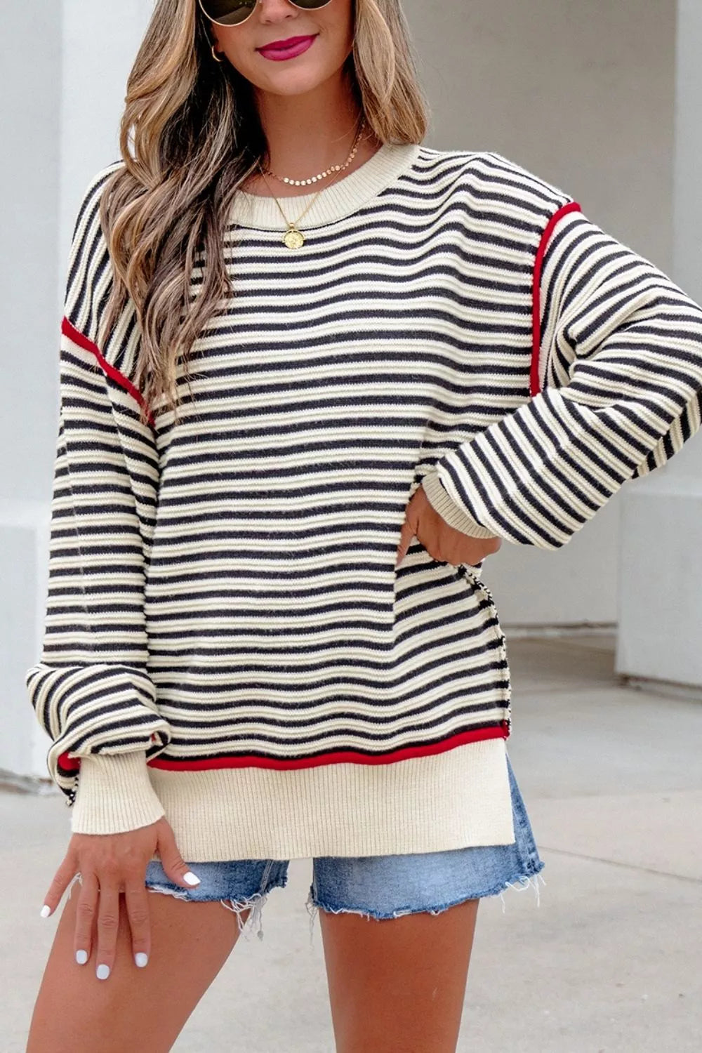 Striped drop shoulder oversized crew neck sweater