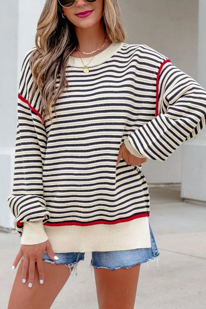 Striped drop shoulder oversized crew neck sweater