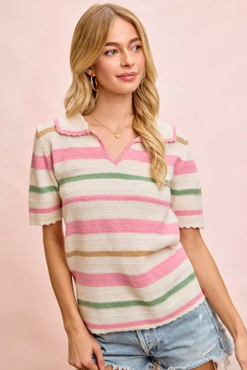 Striped scalloped-trim collared knit polo top