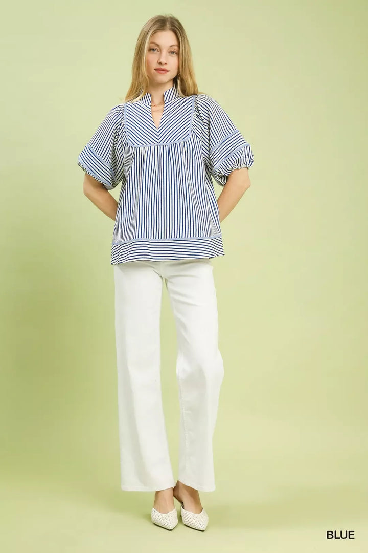 Striped puff sleeve babydoll top with split V-neck