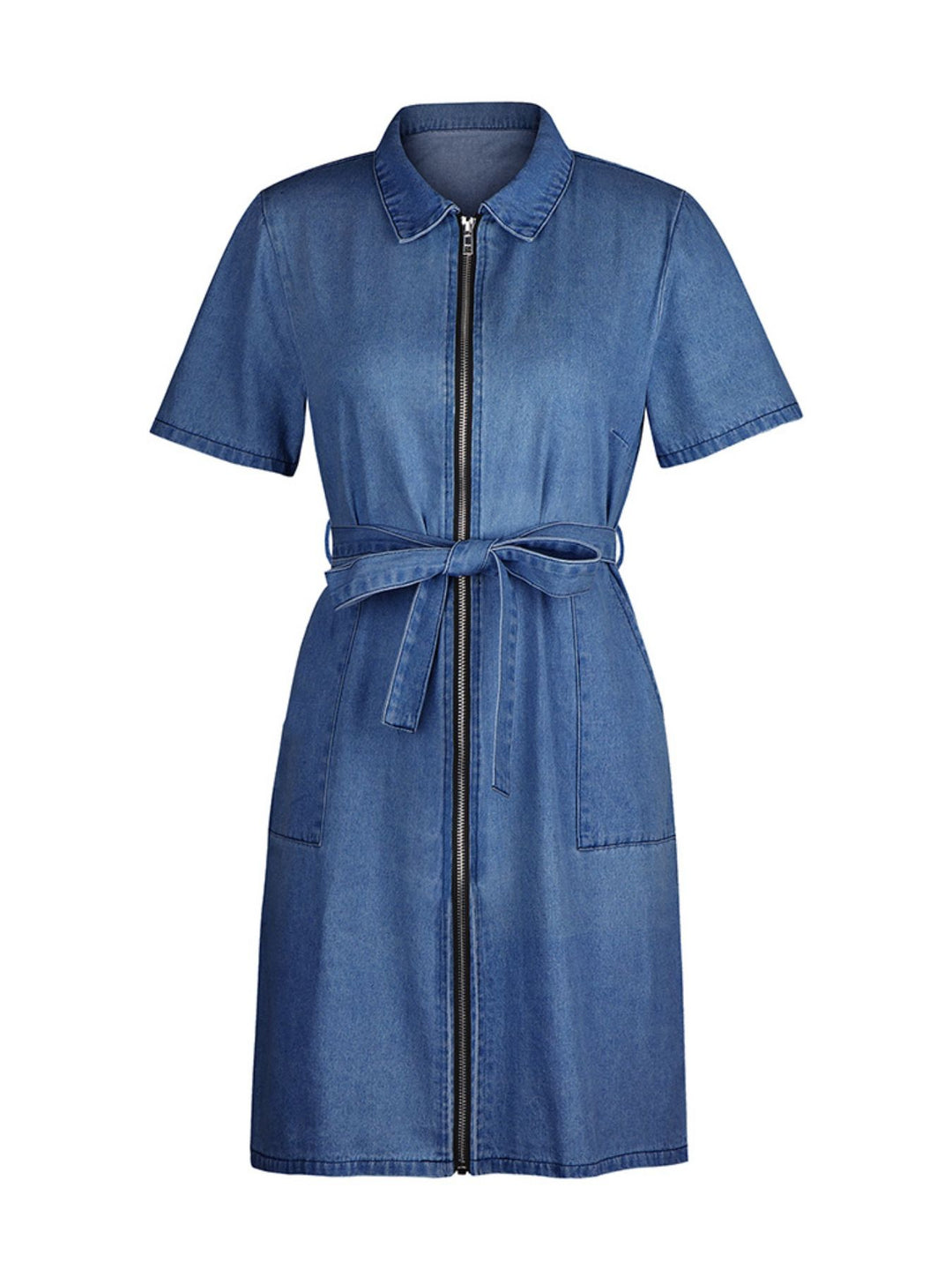 Zip front short sleeve denim mini dress with tie waist