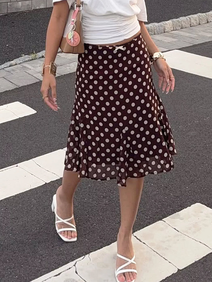Polka dot chiffon midi skirt with bow waist