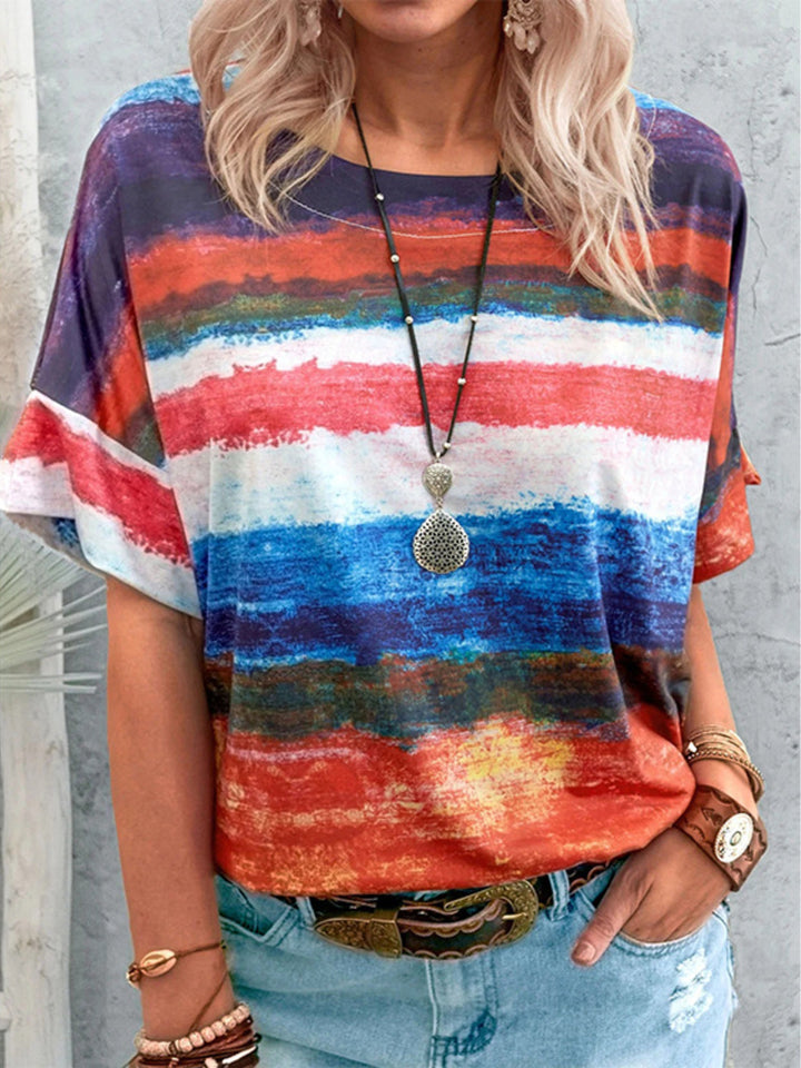 Red Abstract stripe round-neck short sleeve t-shirt