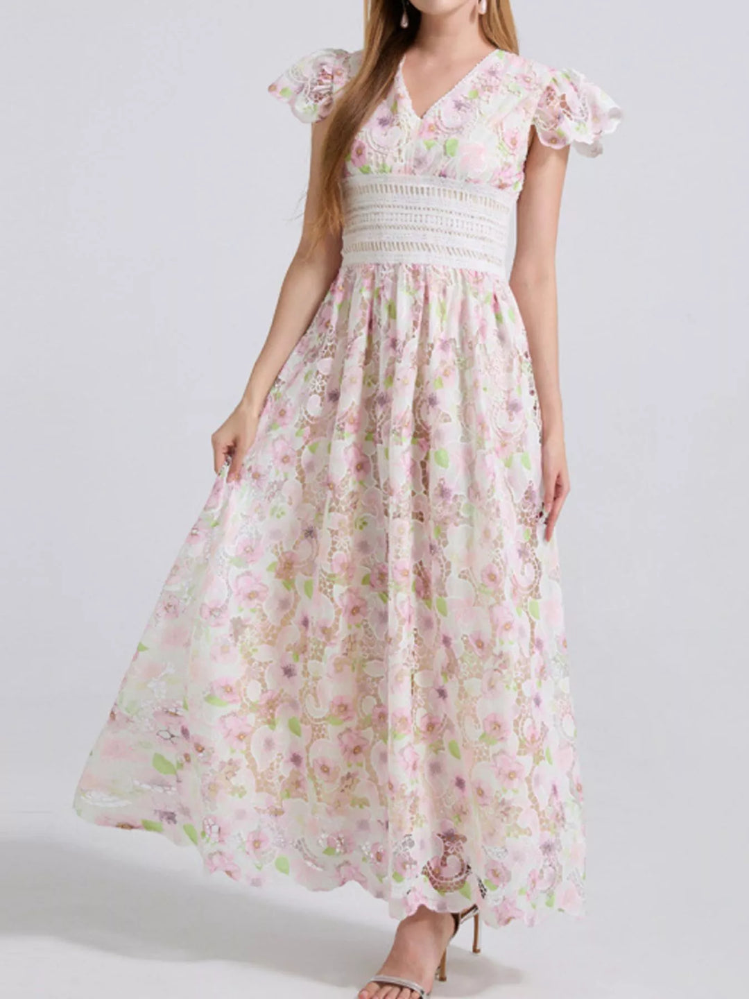 Pink Embroidered floral lace V-neck midi dress with flutter sleeves