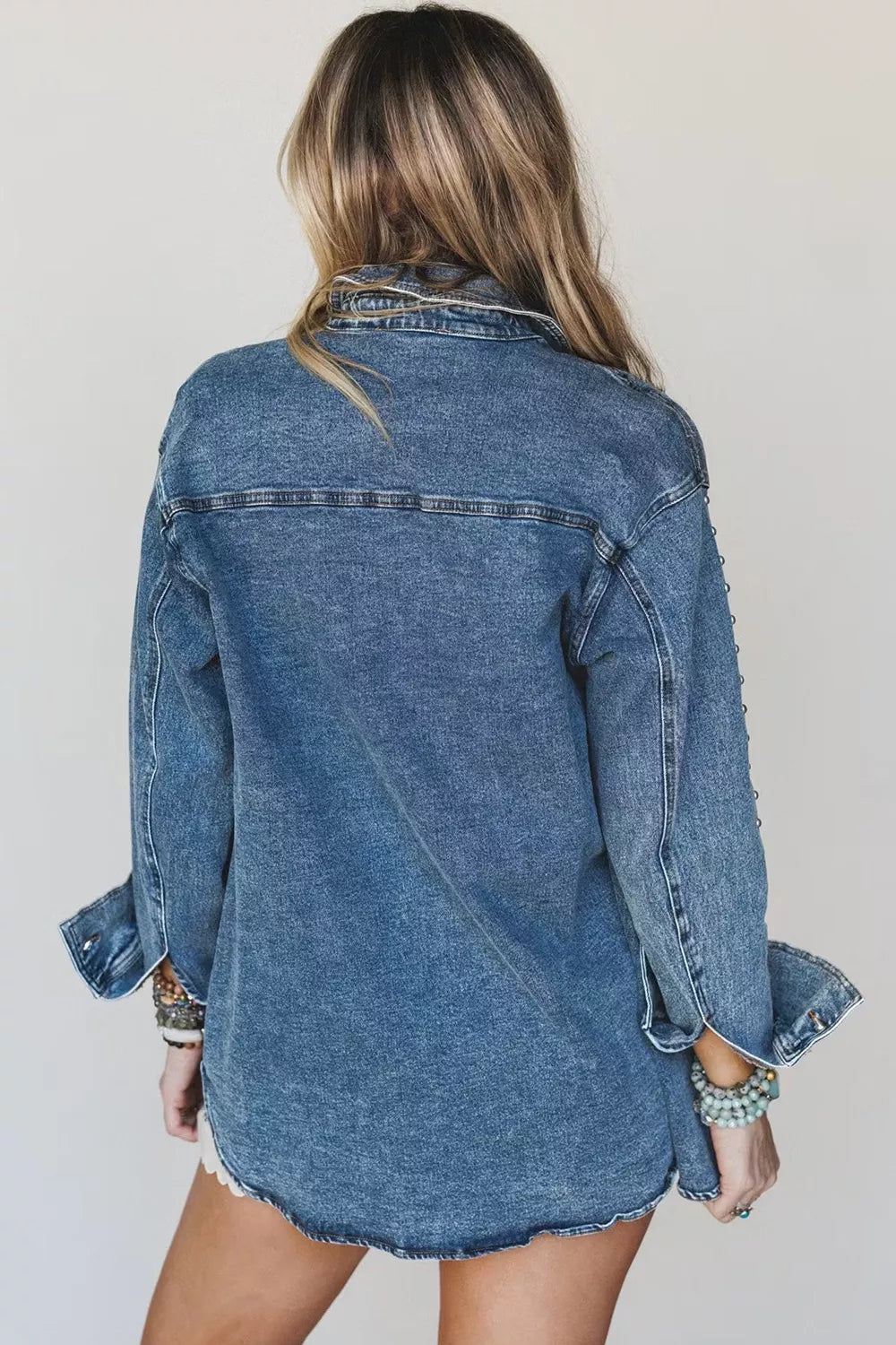Studded western denim shirt jacket with flap chest pockets