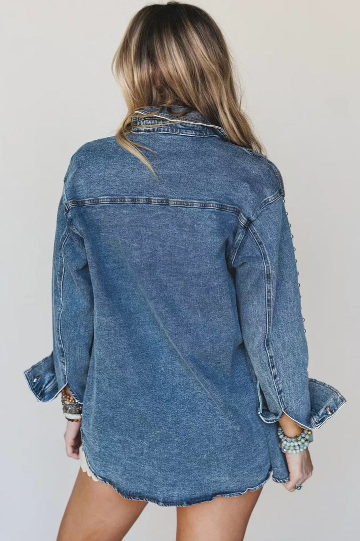 Studded western denim shirt jacket with flap chest pockets