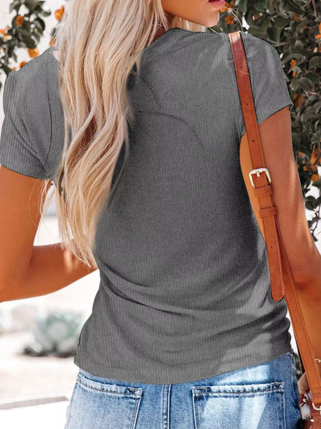 Ribbed v-neck henley tee with button placket