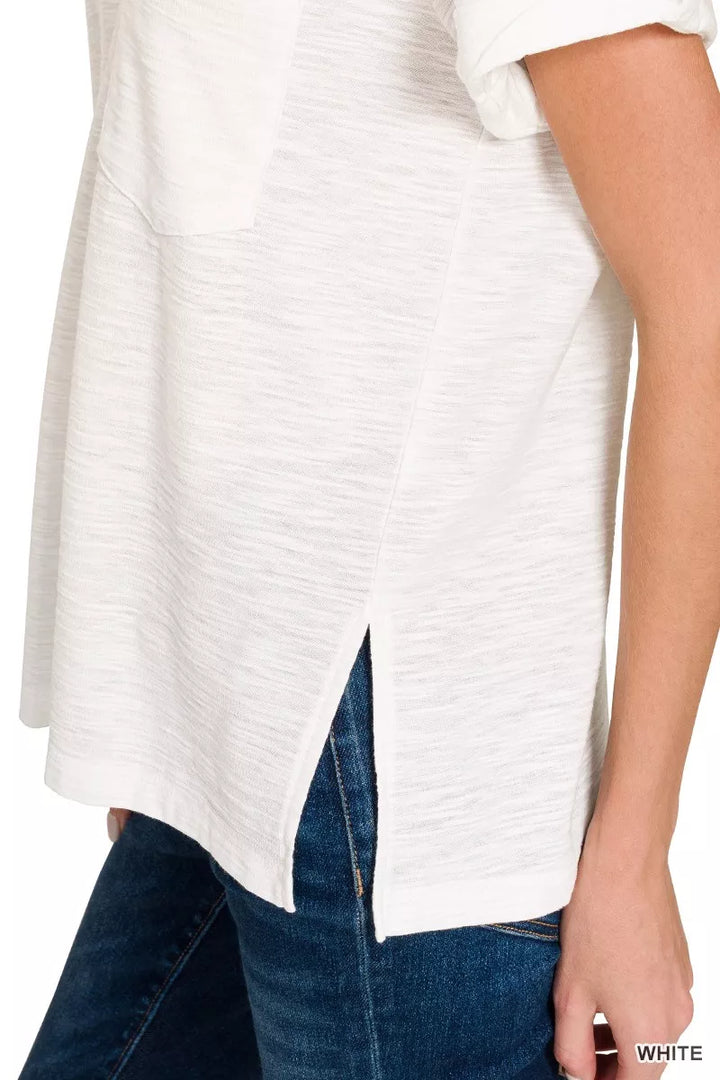 Slub knit V-neck tee with rolled sleeves and chest pocket