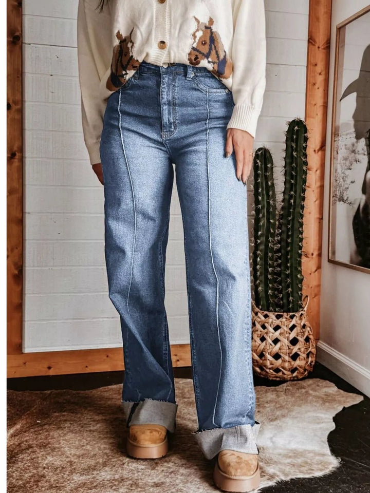 Light Blue High-rise wide leg jeans with center seam and raw hem