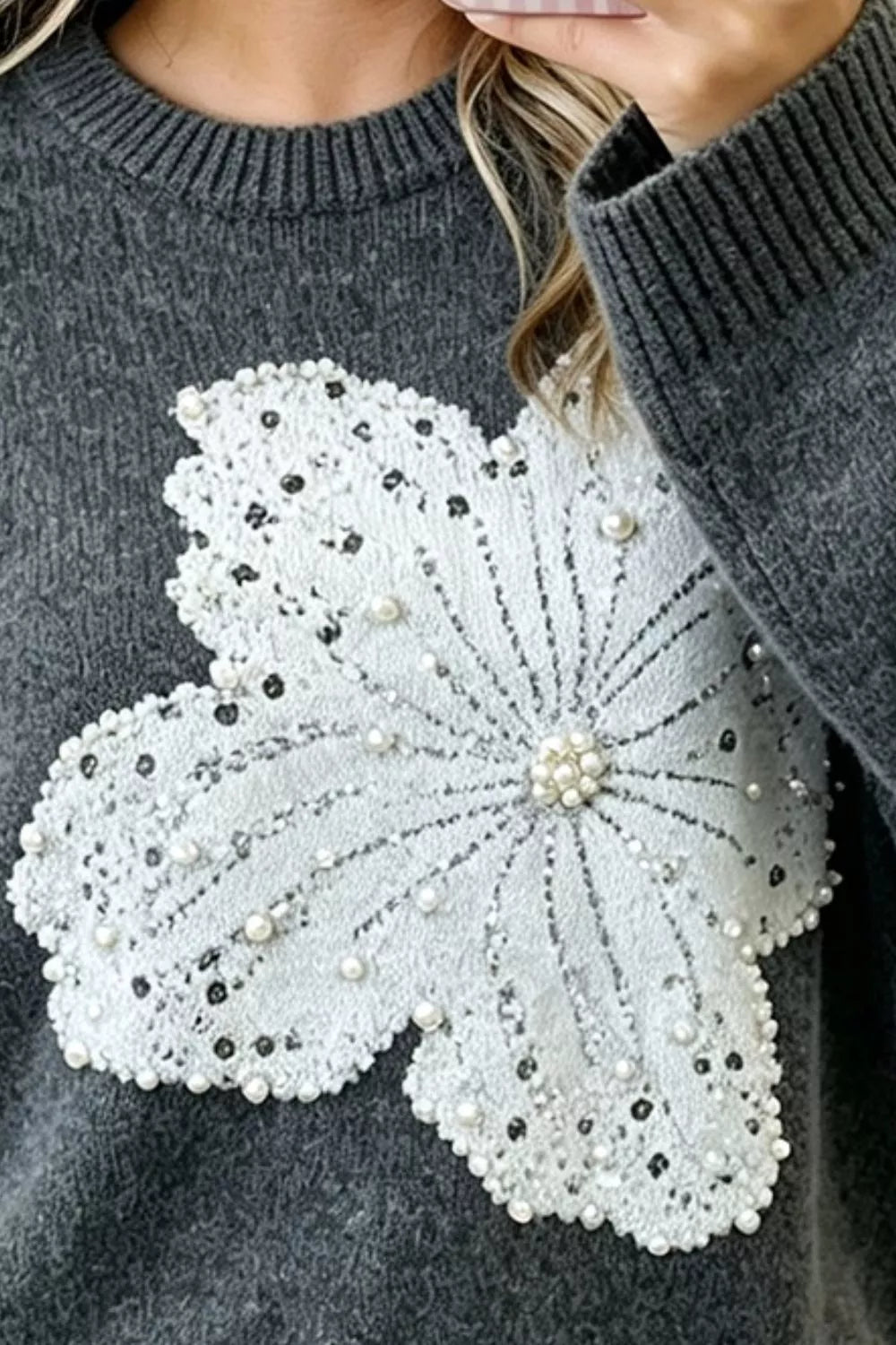 Pearl beaded floral drop shoulder knit sweater