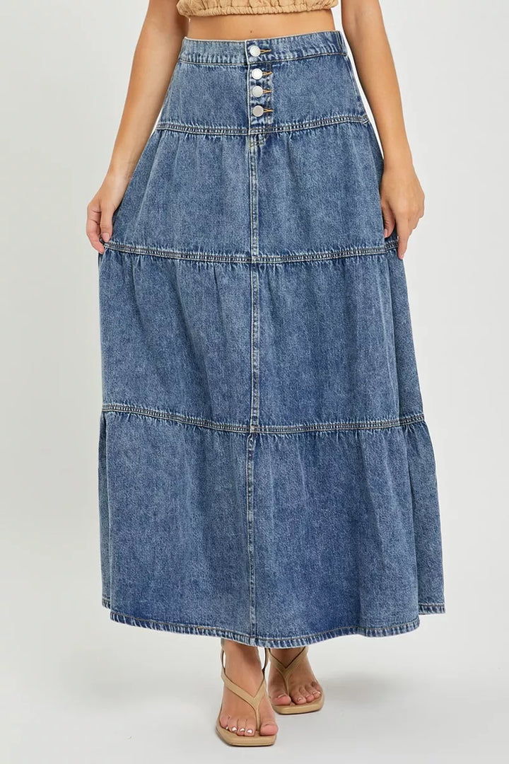 High-rise tiered denim maxi skirt with button front