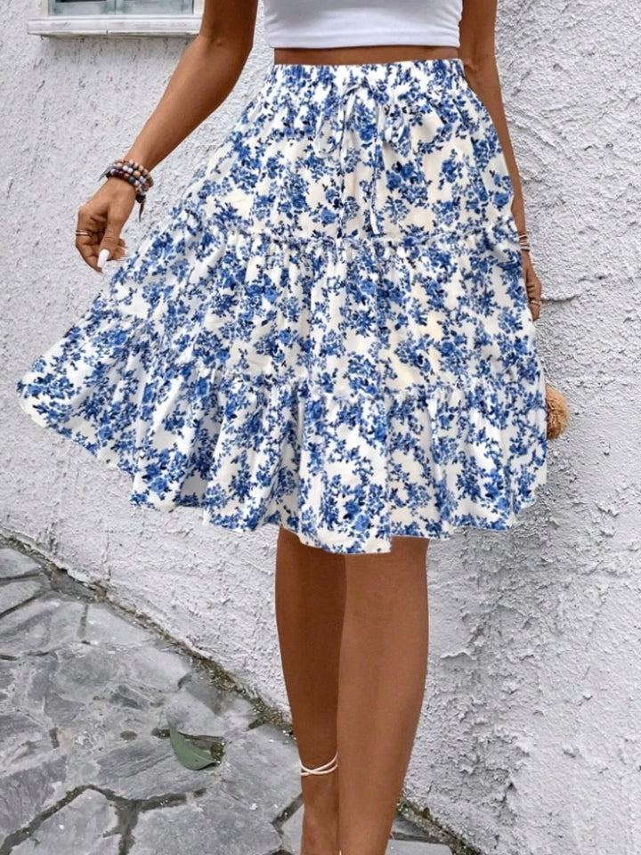 Floral print tiered ruffle mini skirt