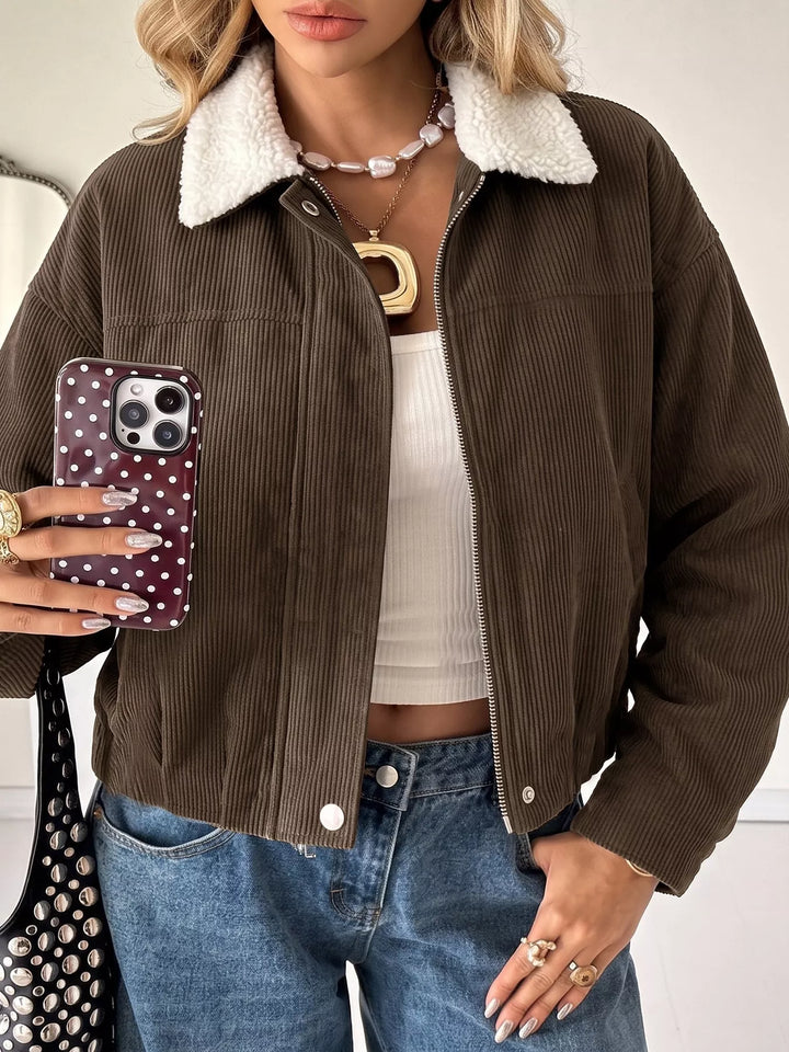 Brown Corduroy zip-up jacket with sherpa collar and snap placket