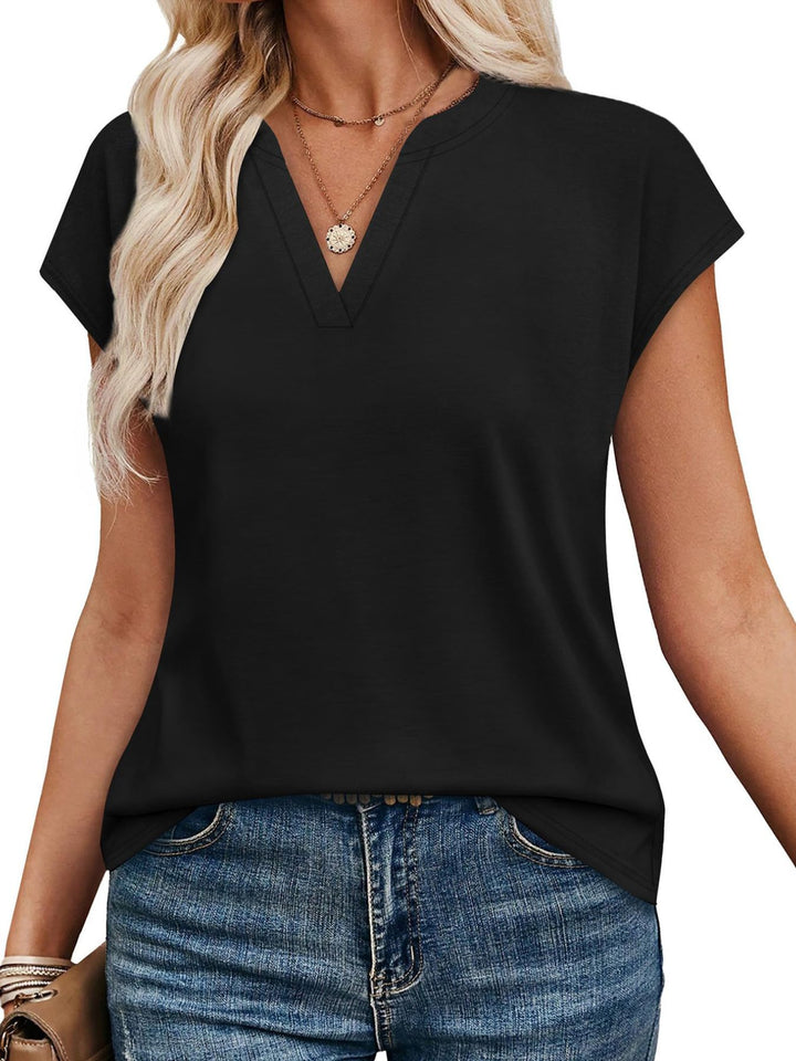 Notched V-neck short sleeve relaxed knit top
