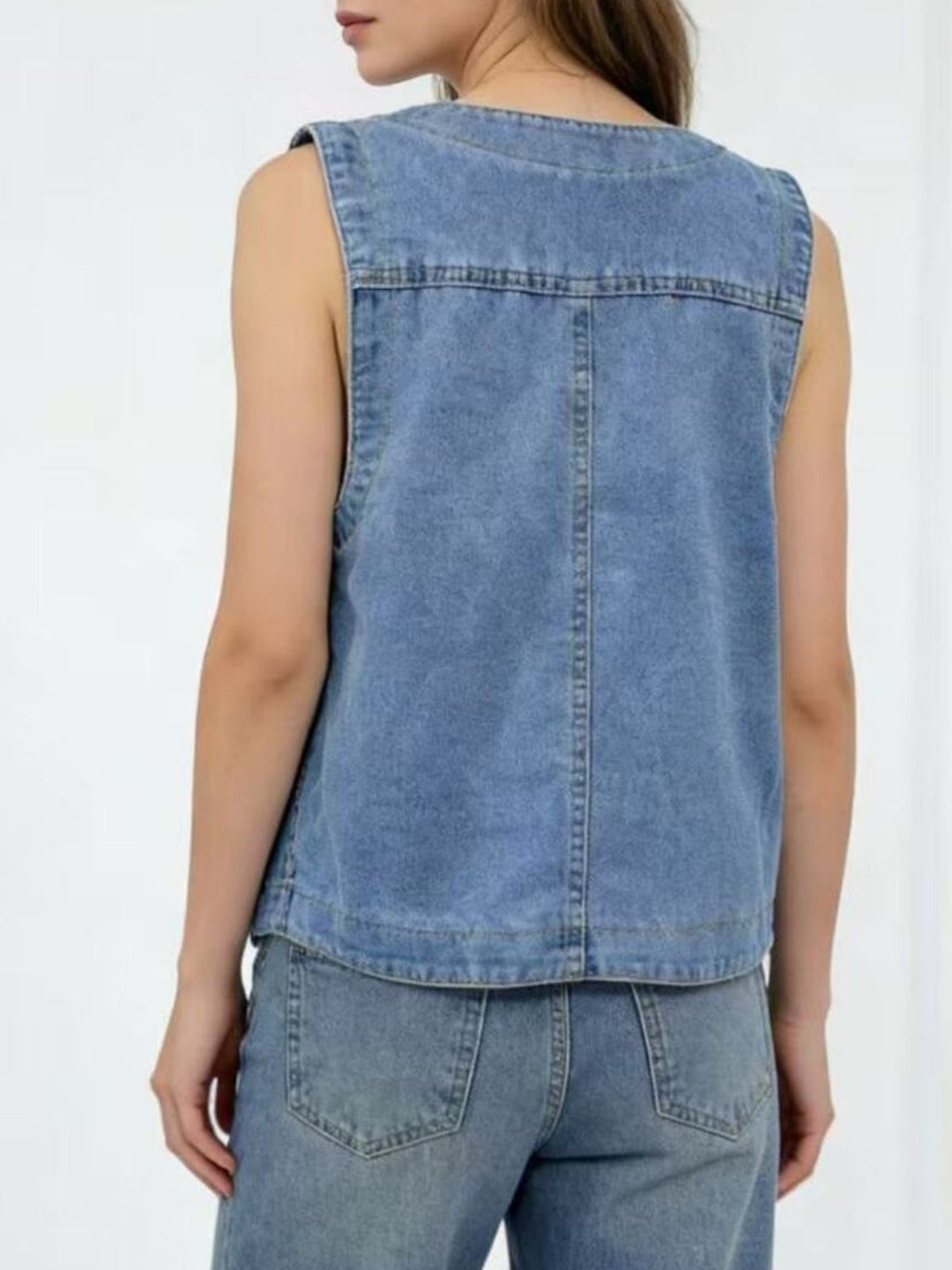 Button-down denim vest with patch pockets