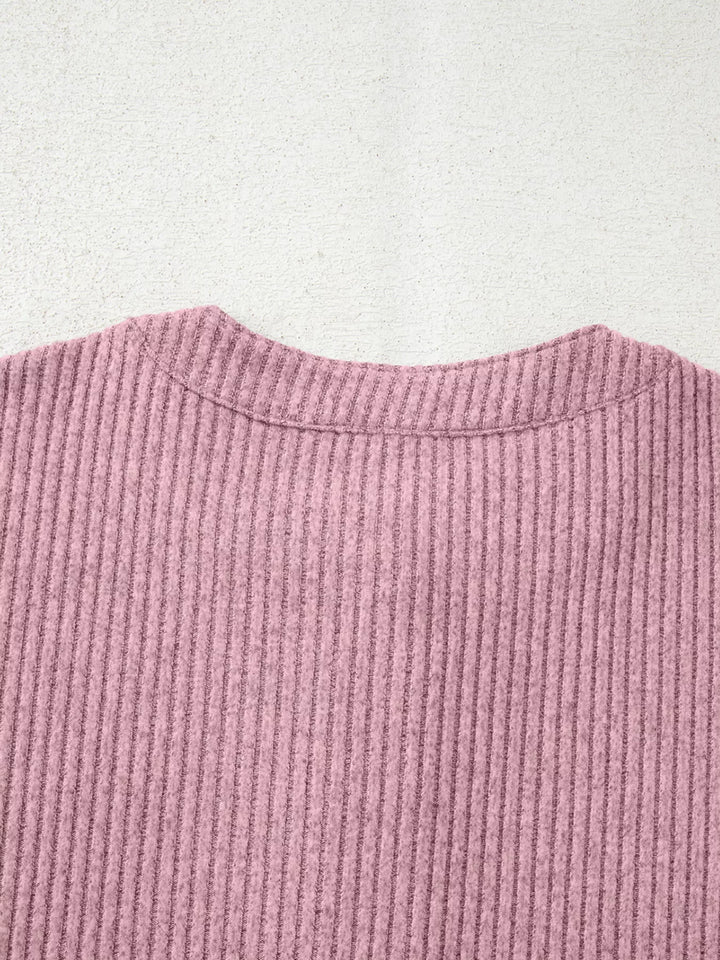 Ribbed drop-shoulder henley top with wood buttons