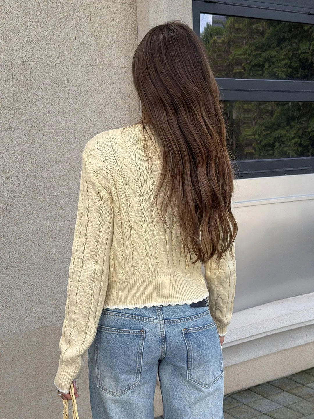 Cable knit button-front cropped cardigan