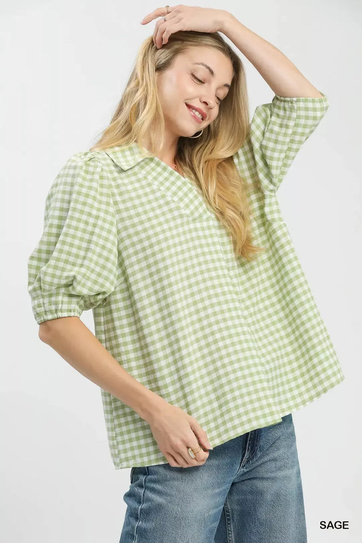 Gingham puff sleeve collared blouse with split V-neck