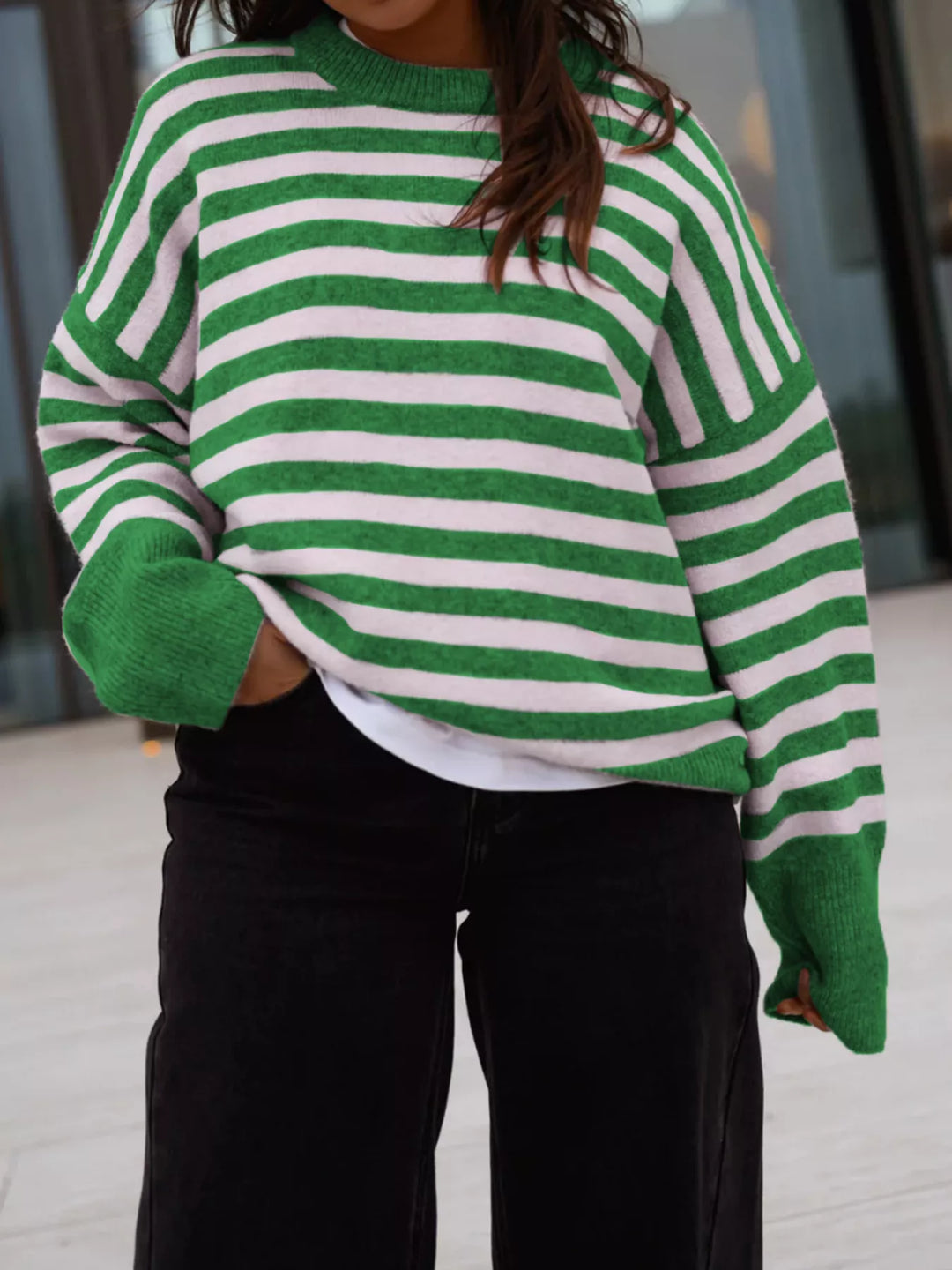 Green And White Apricot Striped drop-shoulder crew neck sweater with ribbed cuffs