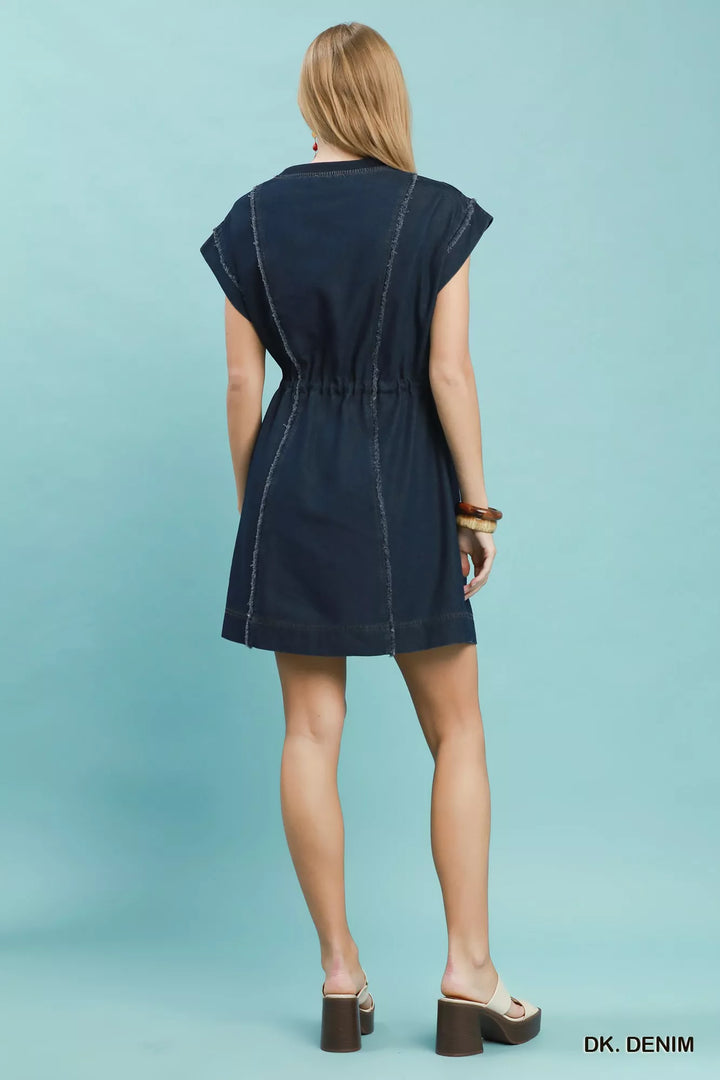 Frayed seam drawstring waist denim mini dress with cap sleeves