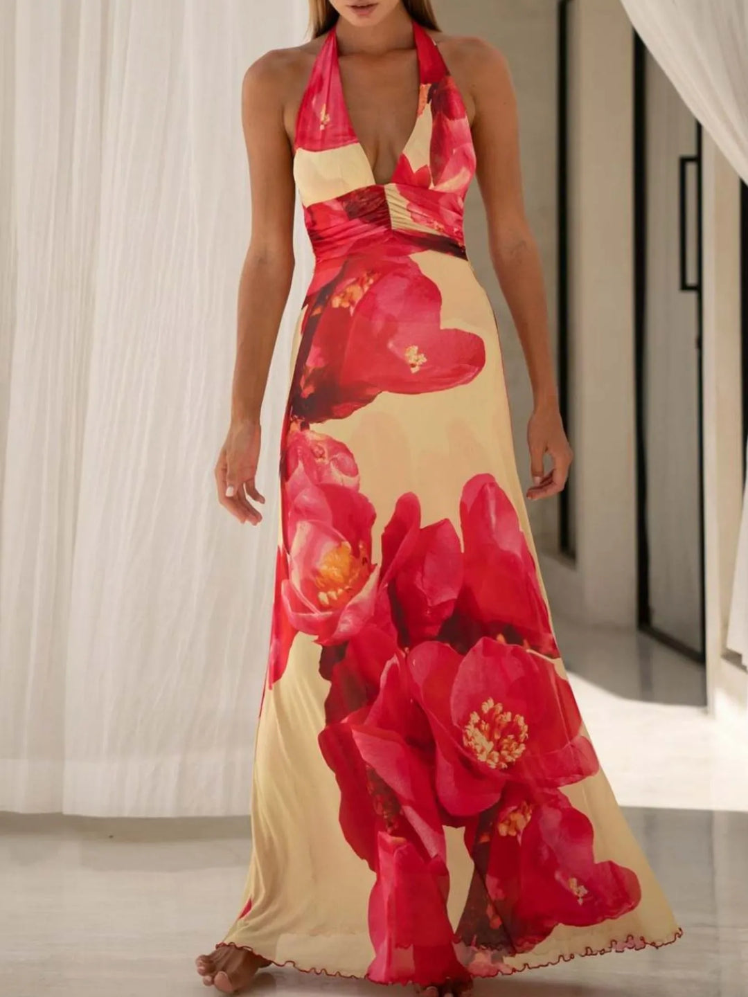 Backless floral halter deep V maxi dress with ruched waist